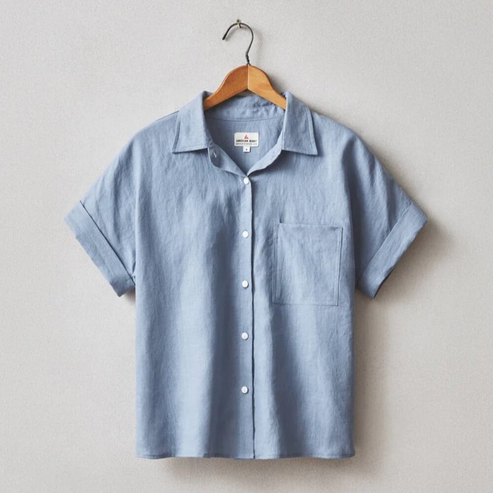 NEW American Giant Women's Short Sleeve Linen Shirt - Beach Horizon Blue - Med